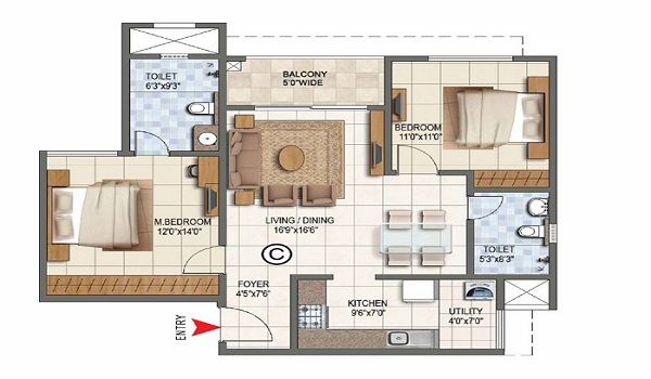 The Prestige City Hyderabad 2 BHK Floor Plan